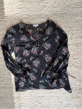 Claudie Pierlot Black Floral Blouse Size 36 US 4 S Sheer V Neck Tie Sleeves